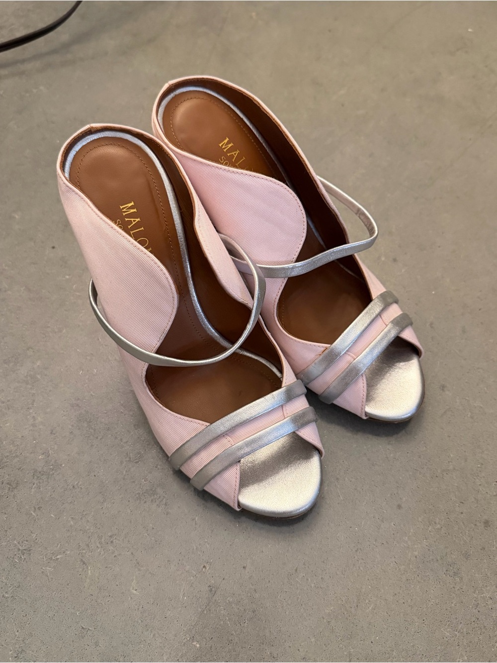 Malone Souliers Pink and Silver Open-Toe Strappy Heels